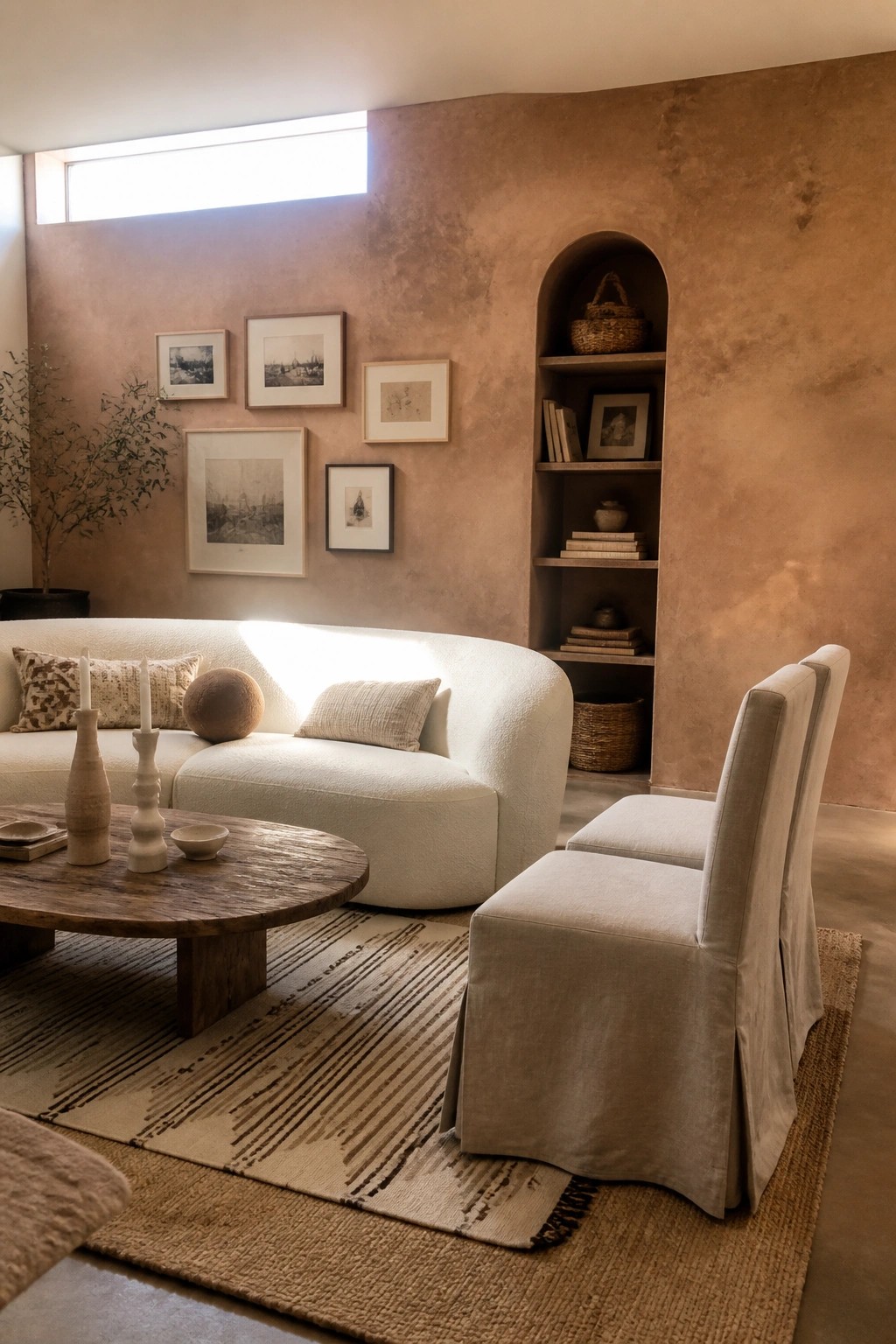 A neutral living room with a curved white sofa, wooden coffee table on a striped rug, two slipcovered chairs, and an arched built-in shelving unit on a textured terracotta wall with framed artwork.
