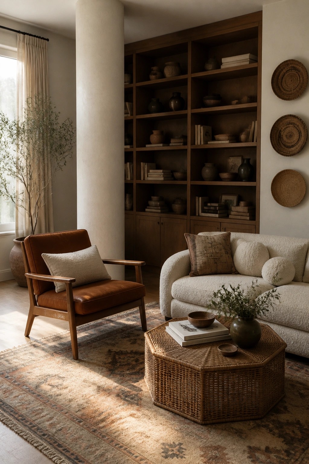 A living room featuring a large wooden built-in bookshelf filled with books and pottery, a brown leather armchair, a cream sofa, and a woven coffee table on a patterned rug.