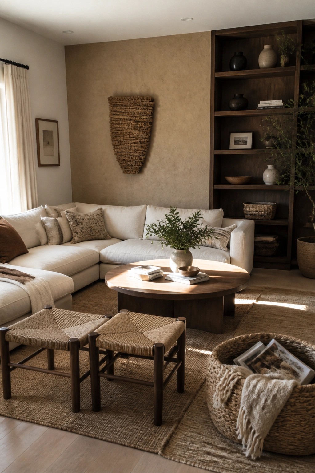 A neutral living room featuring a cream sectional sofa, round wood coffee table, two woven stools, jute rugs, and a dark wood built-in bookshelf with vases, books, and plants.