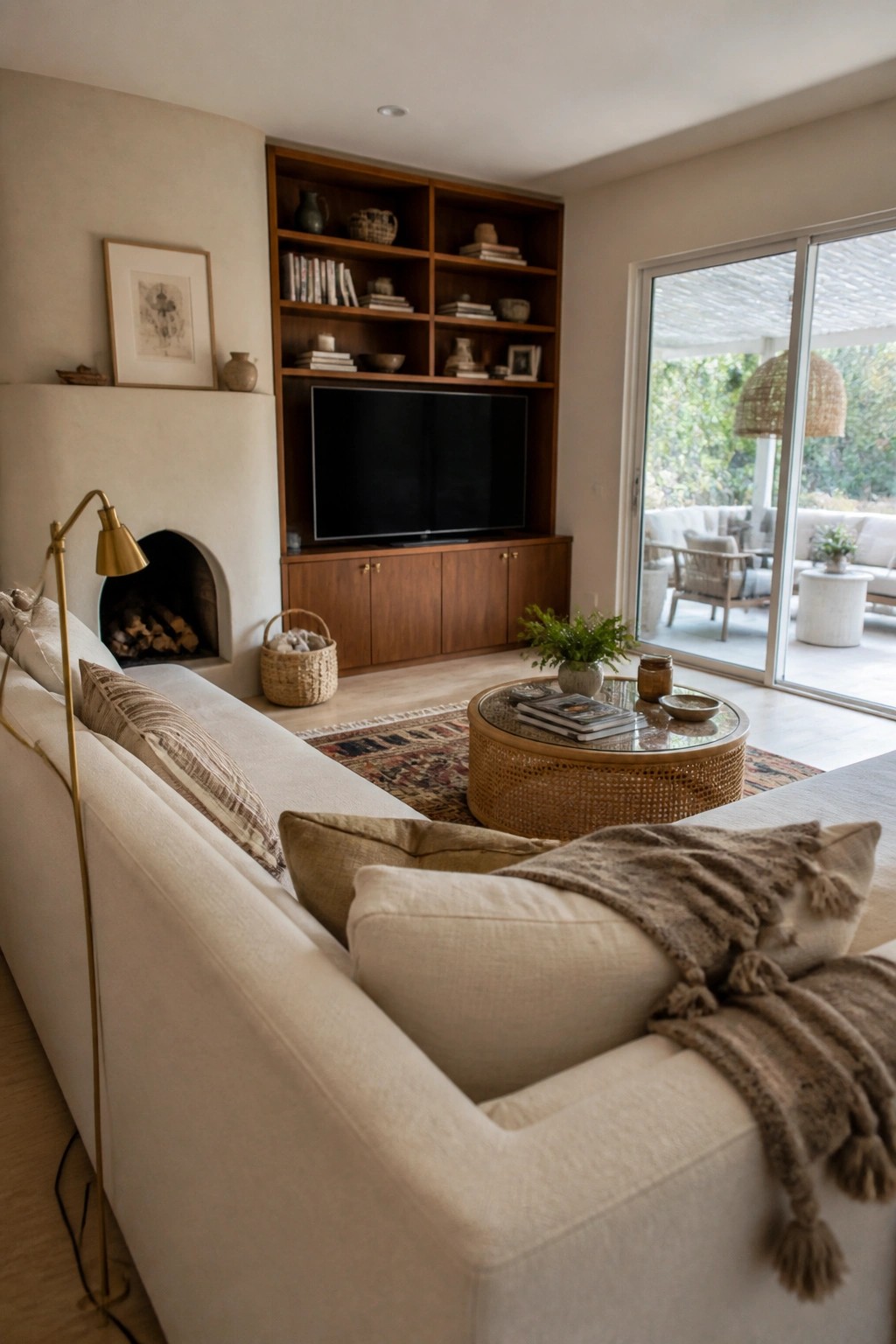A living room with a white sofa facing wooden built-in shelves and cabinets holding books and decor, an arched fireplace to the left, and a round coffee table on a patterned rug.