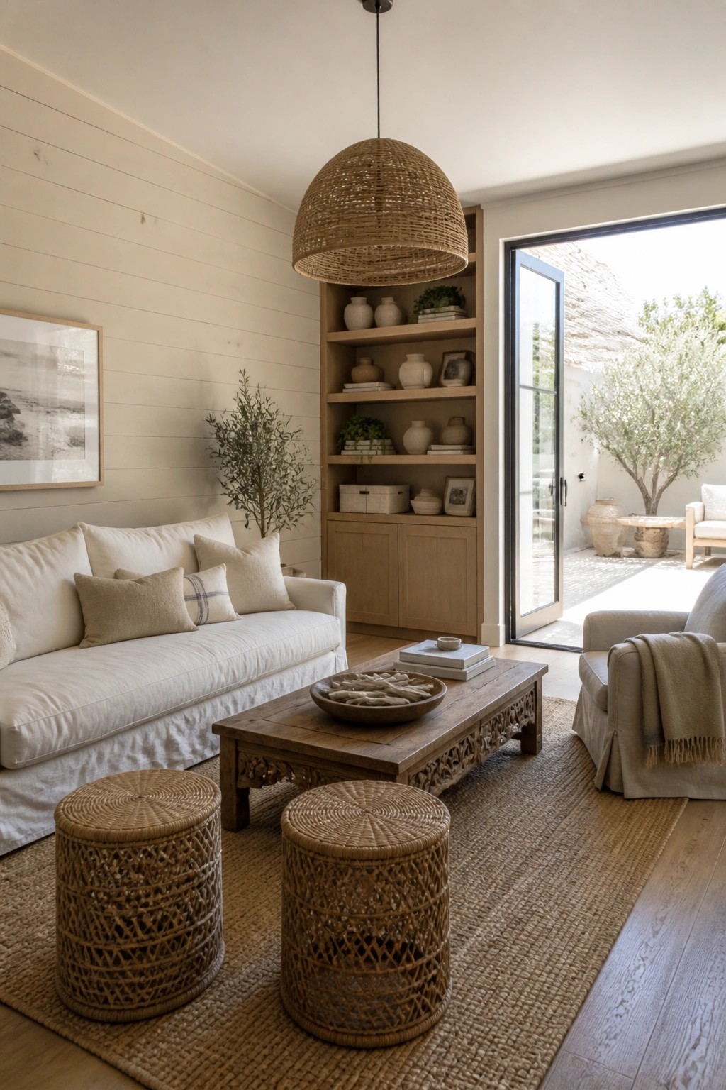 A neutral living room with a white sofa, wooden coffee table, woven pendant light, and built-in wooden shelving unit filled with ceramics and books beside open glass doors.