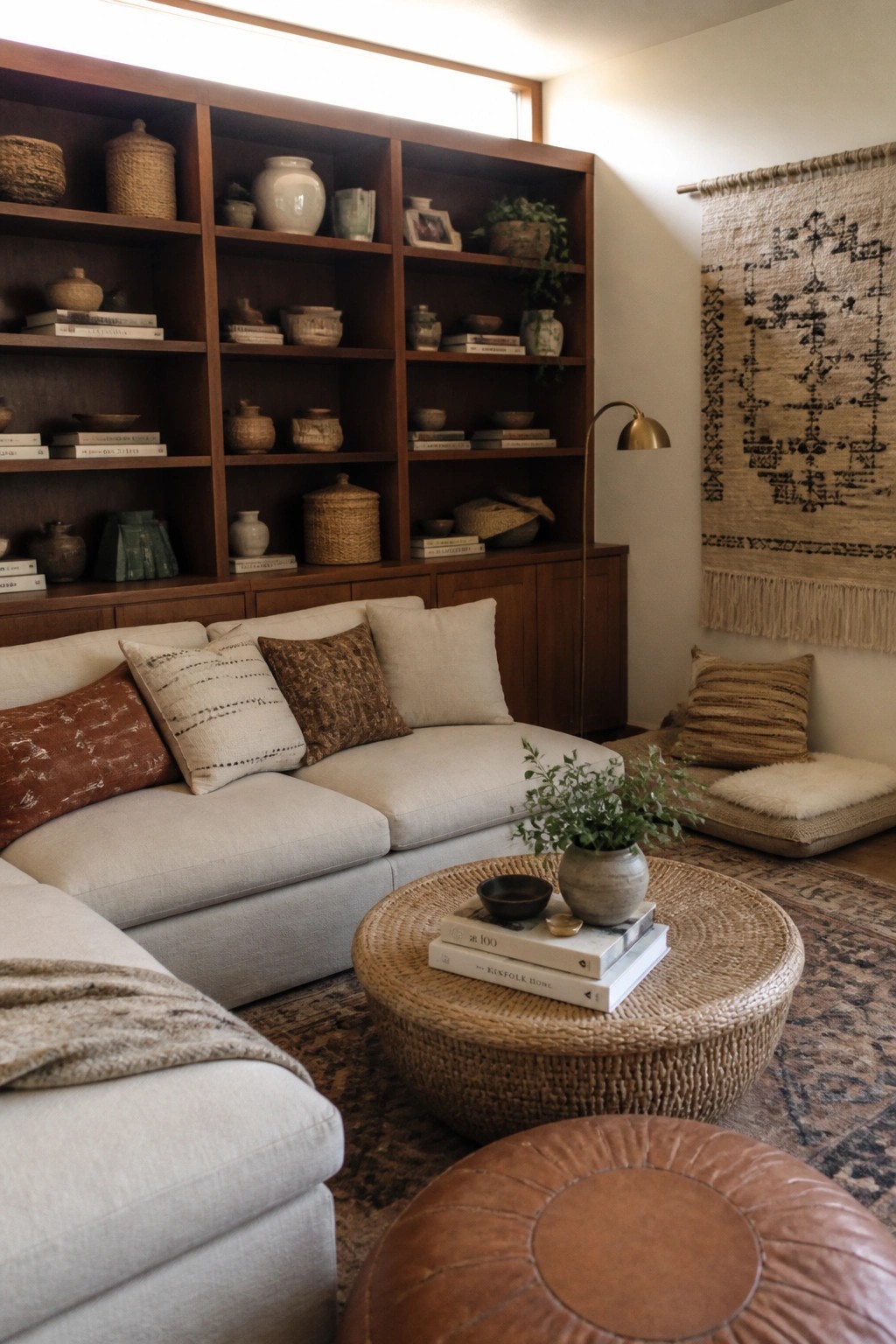 A neutral living room with a large wooden built-in bookshelf behind a light sectional sofa and round woven coffee table.