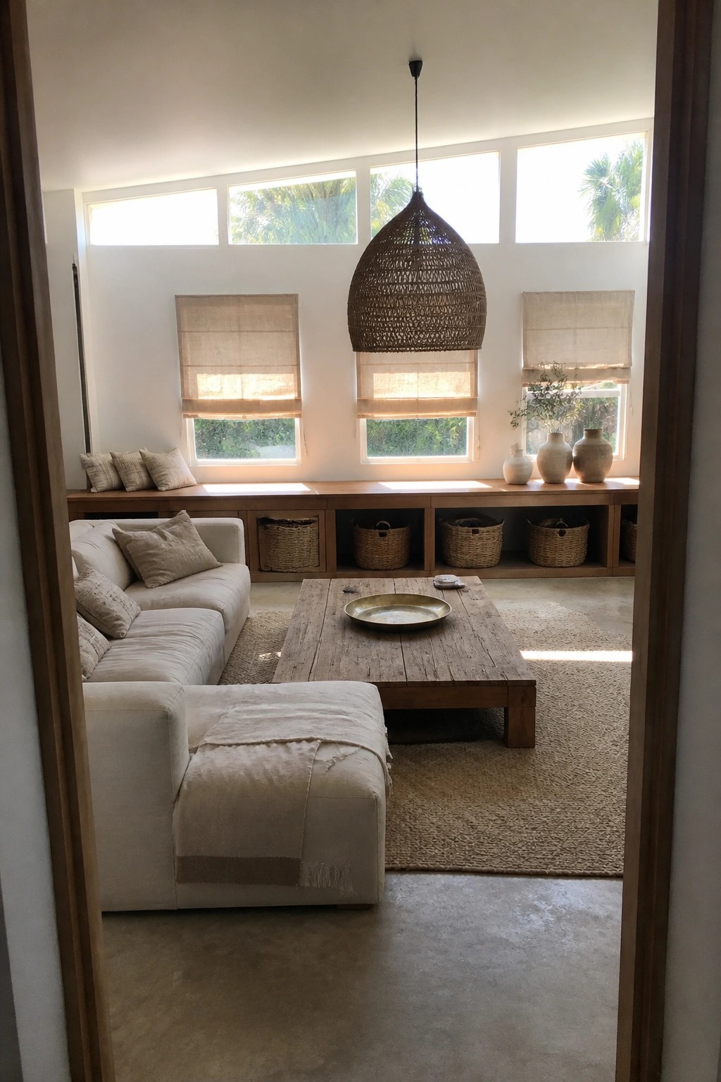 A bright neutral living room viewed through a doorway, showing a white sectional sofa, wooden coffee table on a jute rug, and a long built-in wooden bench under a row of windows with woven storage baskets in the cubbies.