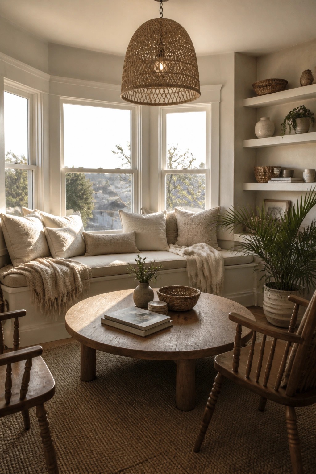 Cozy sunlit nook with window seat, round wooden table, woven pendant light, and neutral decor.