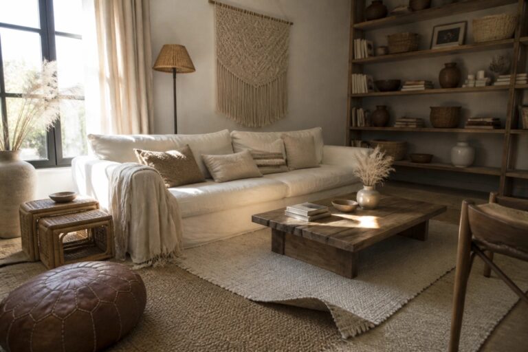 25 Neutral Boho Living Room Decor Ideas in Cream Beige and Warm Brown A living room featuring a cream sofa, wooden coffee table on layered neutral rugs, macrame wall hanging, and brown leather pouf.