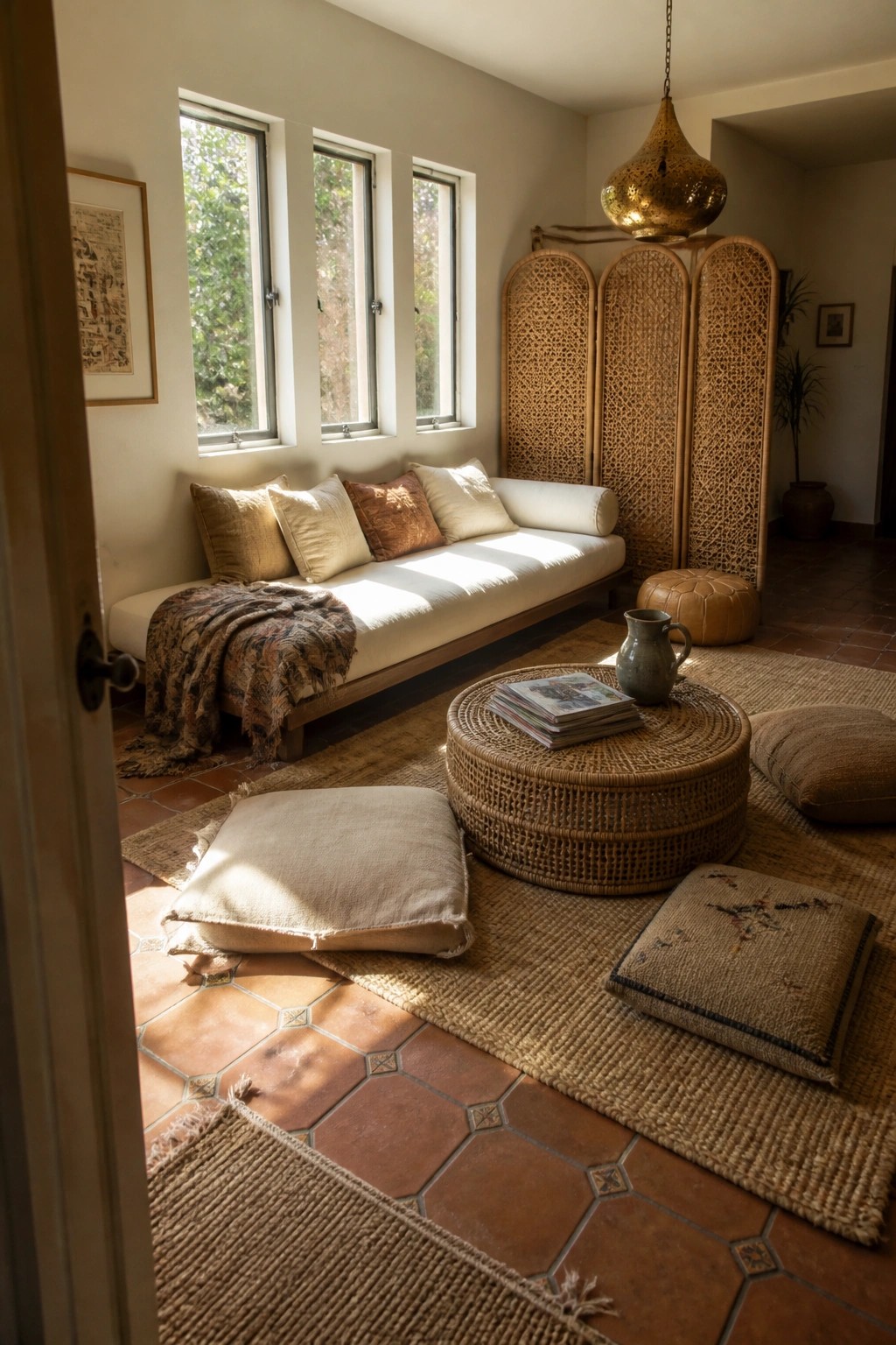A neutral boho living room with a low white sofa, multiple floor cushions on layered jute rugs, a round woven coffee table, and terracotta tile flooring.