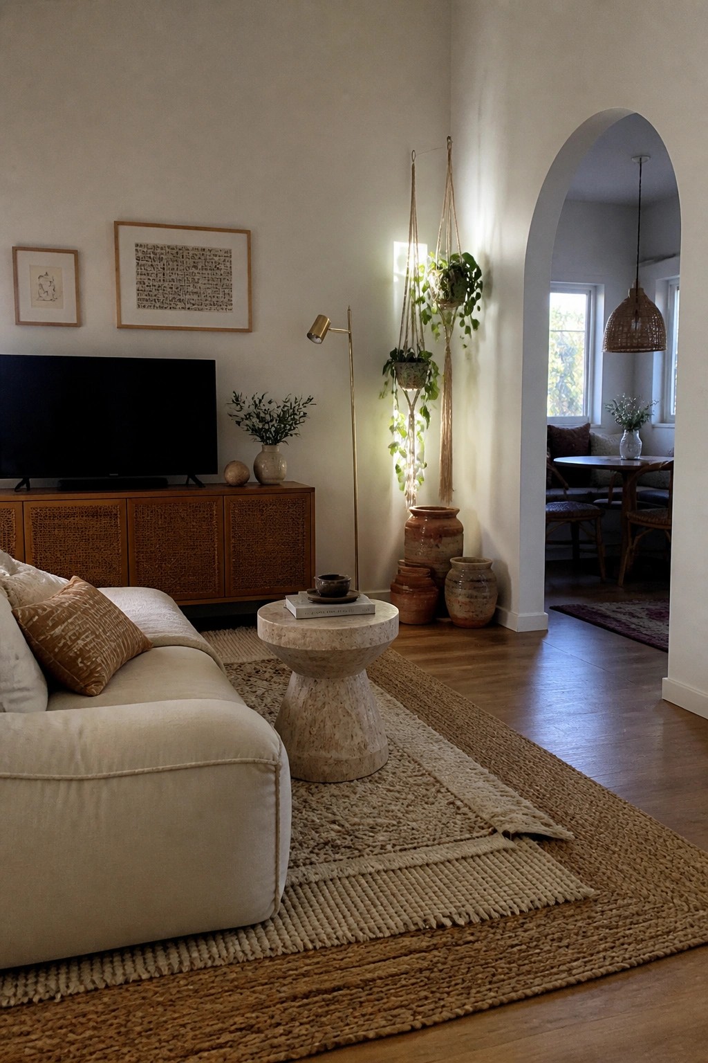 A neutral living room featuring a cream sofa, wooden media console with cane doors, marble coffee table on layered jute rugs, hanging macrame plants, and terracotta pots near an arched doorway.