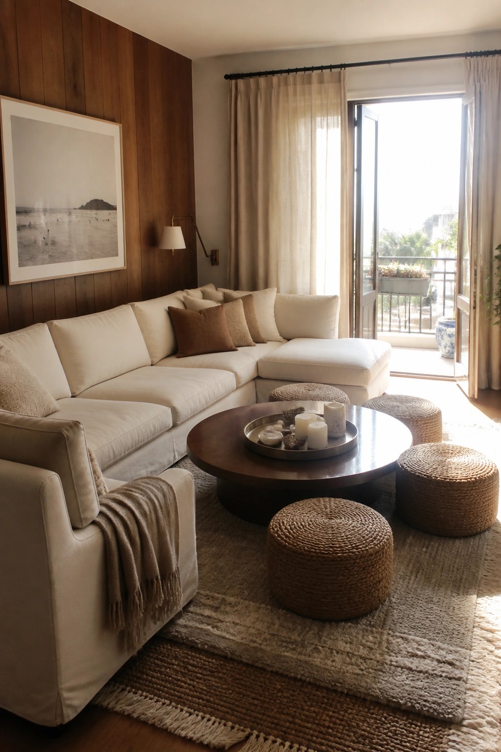 A neutral-toned living room featuring a large L-shaped sectional sofa, round wooden coffee table, multiple woven ottomans on layered rugs, and a wood accent wall with framed artwork.