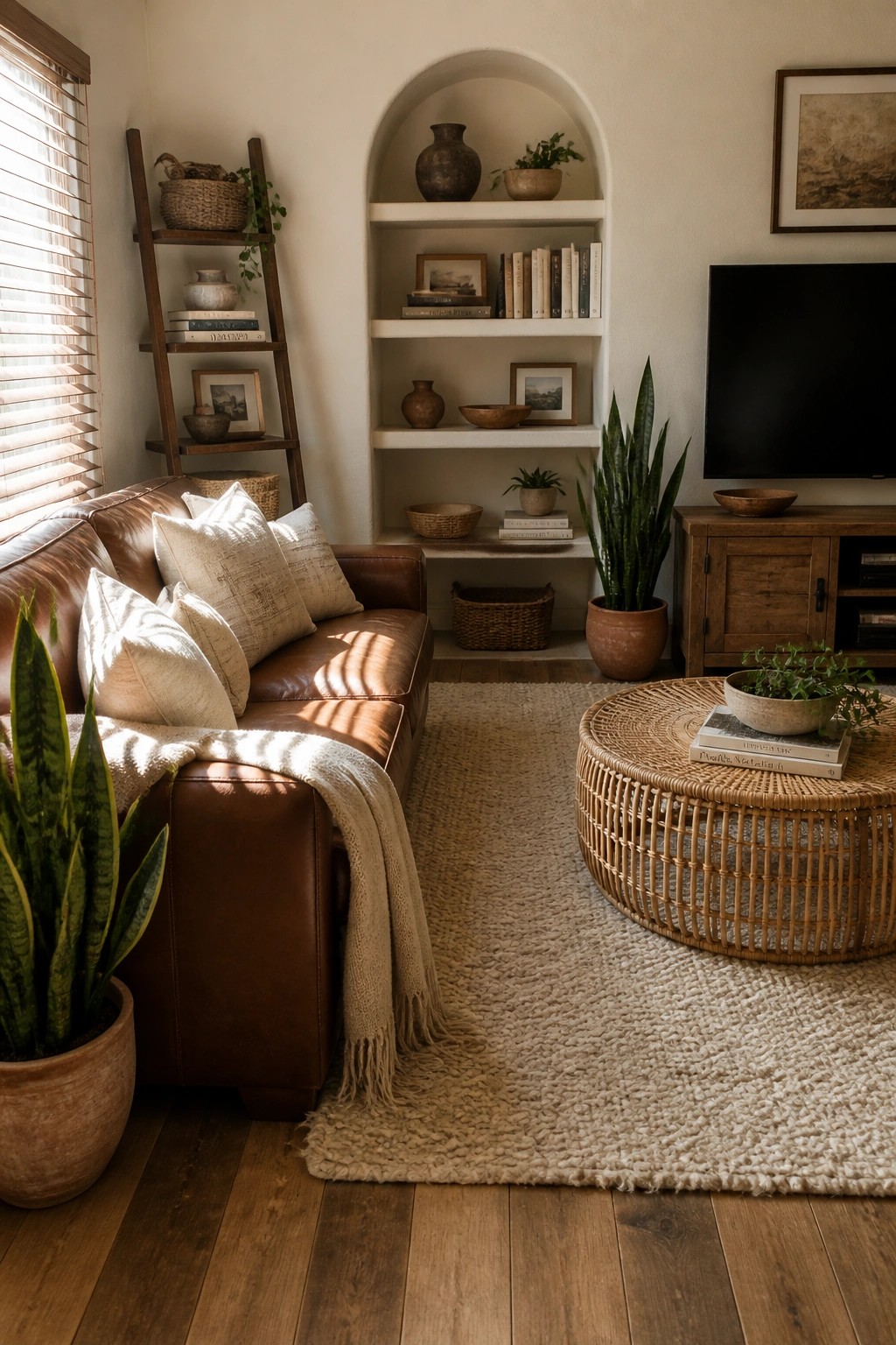 A living room with a brown leather sofa layered with cream pillows and a knit throw, a round rattan coffee table, built-in arched shelves, and several snake plants in terracotta pots on a beige textured rug.