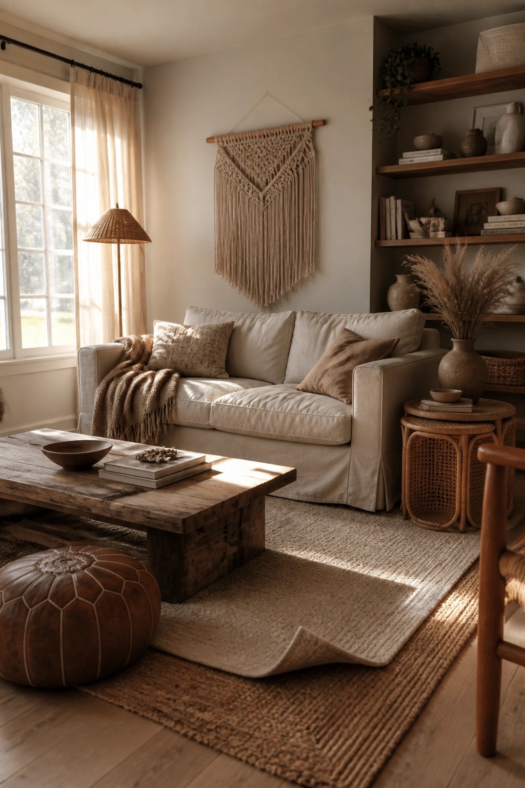 A living room featuring a cream sofa, wooden coffee table on layered neutral rugs, macrame wall hanging, and brown leather pouf.