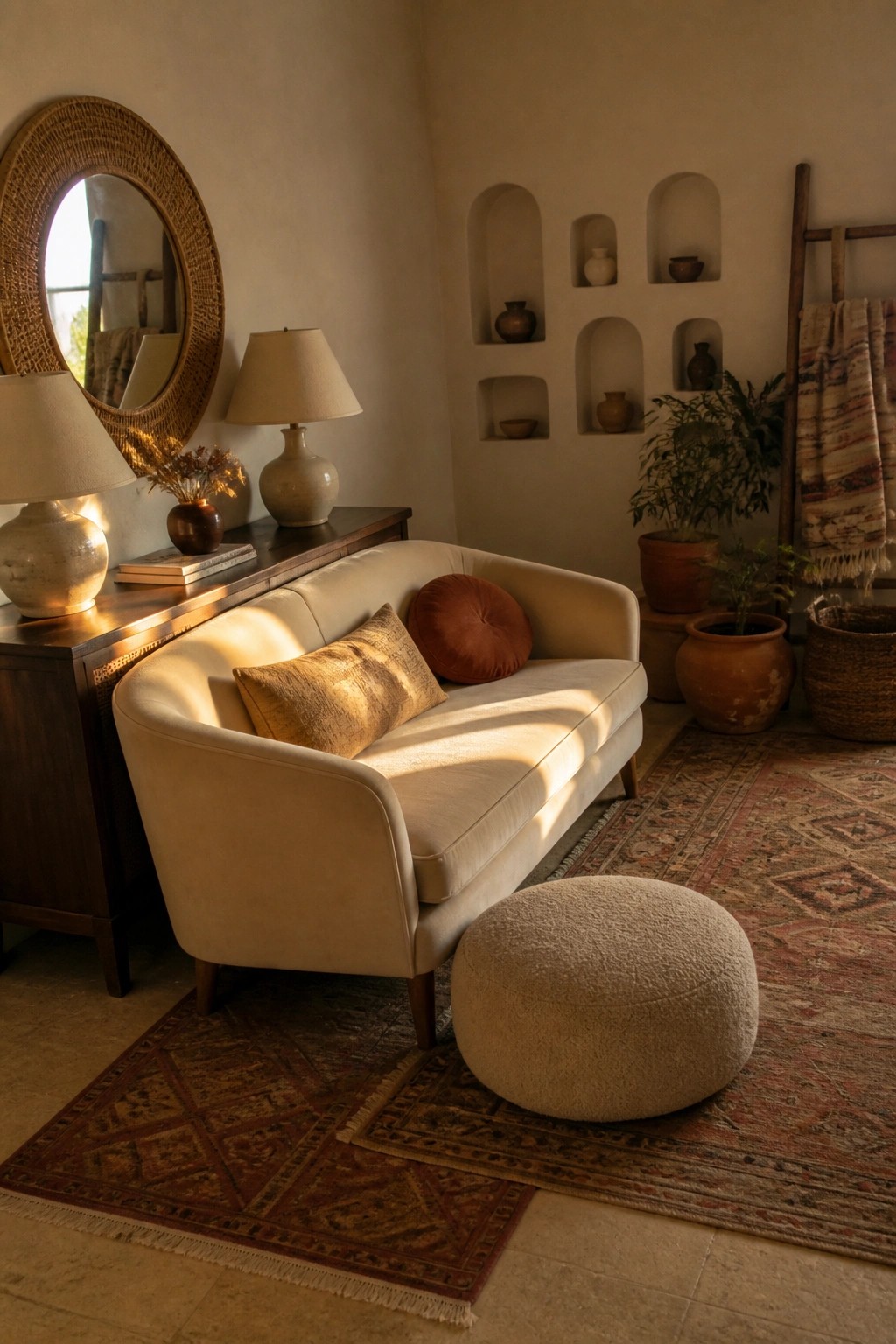 A living room with a cream curved sofa, a round beige ottoman, layered patterned rugs, and warm brown pillows and pottery on a console and in wall niches.