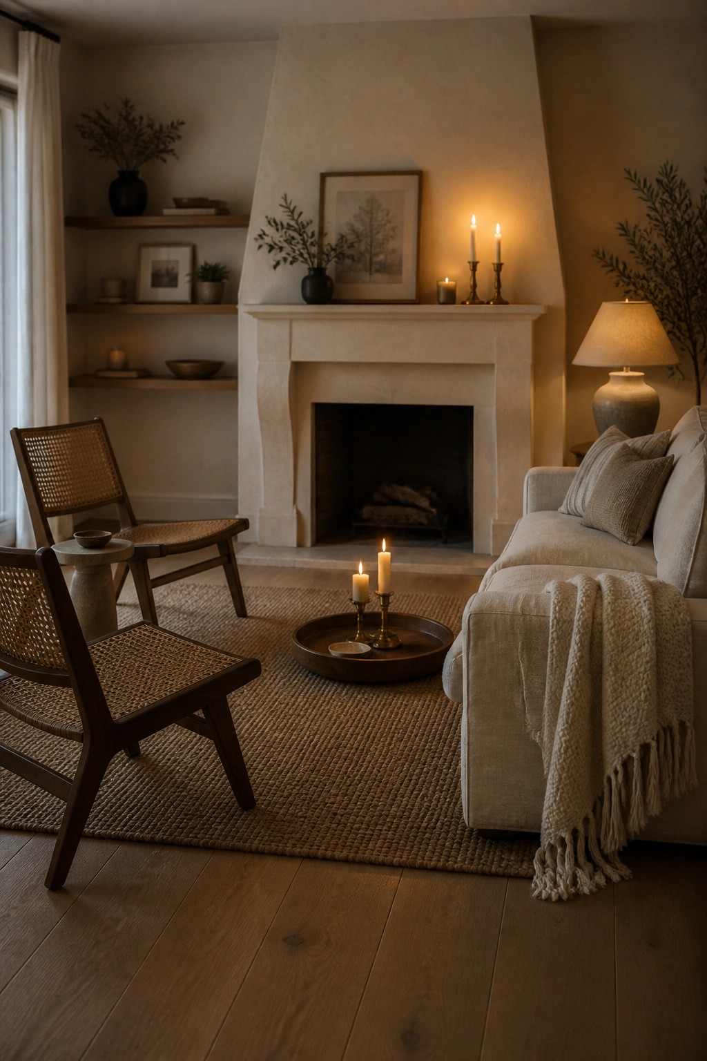 A neutral living room featuring a beige sofa with a throw blanket, two wooden woven chairs on a jute rug, and a stone fireplace with lit candles on the mantel and a tray.