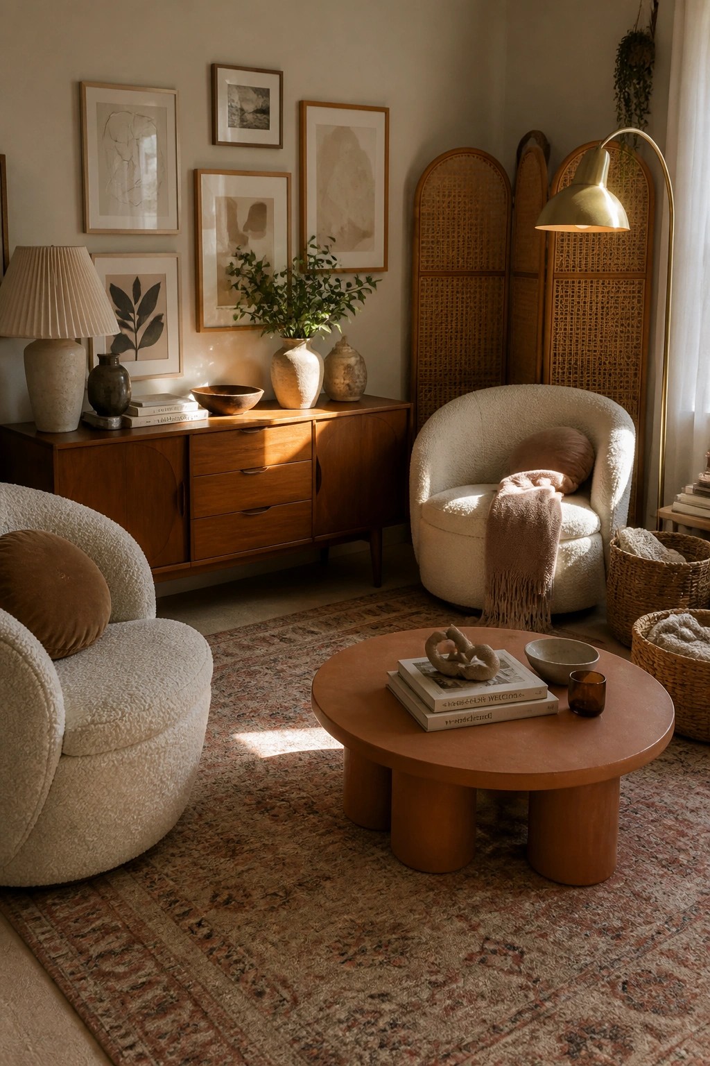 A living room with two cream bouclé armchairs facing a round terracotta coffee table on a patterned rug, next to a wooden sideboard with framed art above it.