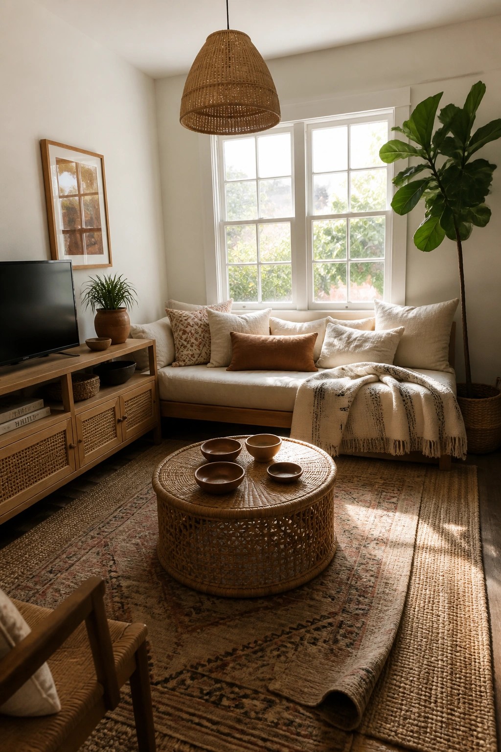 Neutral living room with round woven rattan coffee table on patterned rug, cream sofa, wooden media console, and large window.