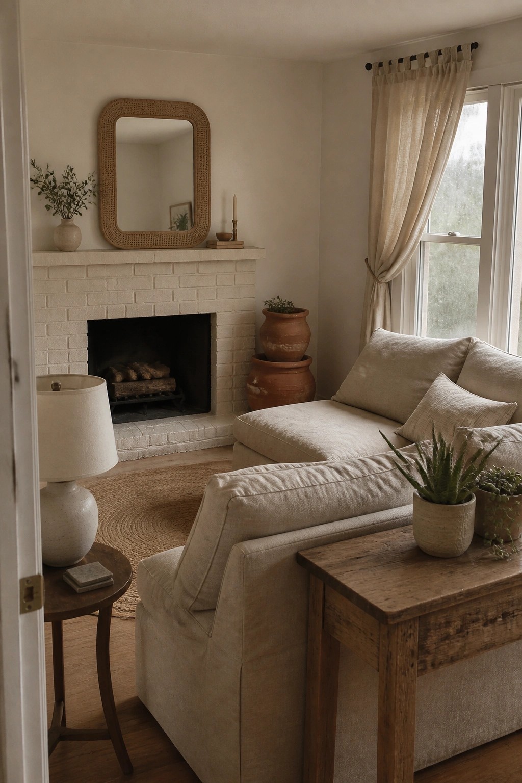 Cozy neutral living room with beige sofa, white brick fireplace, and wooden table.