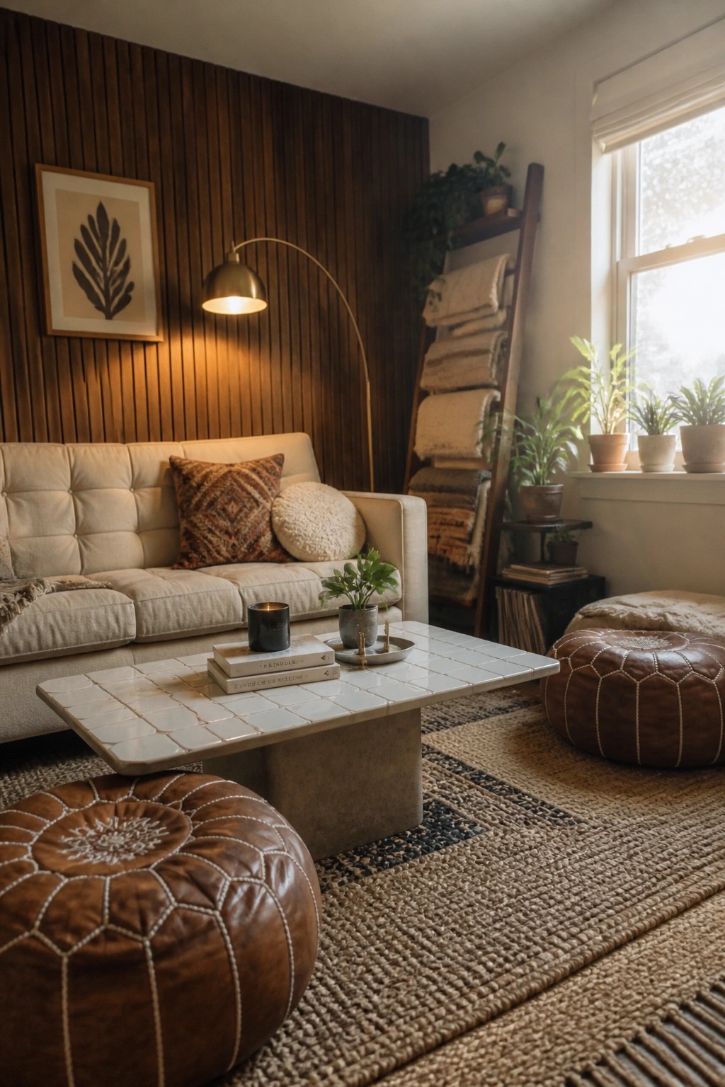 Cozy living room with beige sofa, brown leather poufs, tiled coffee table, and plants