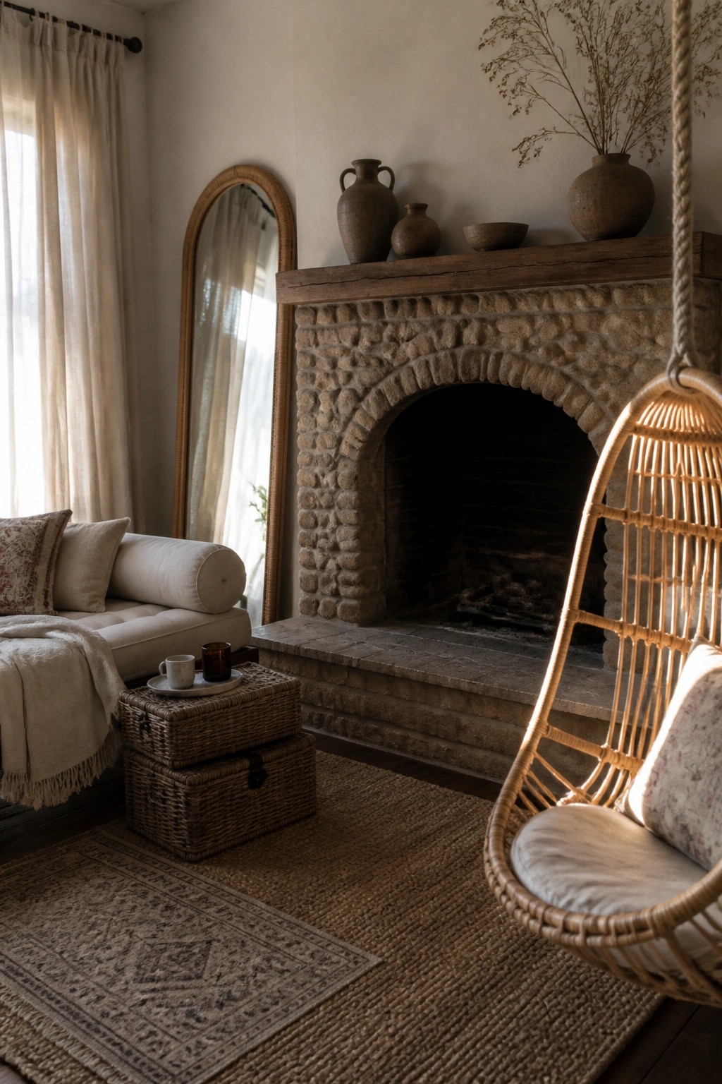A neutral living room with a large stone fireplace, hanging wicker chair, beige sofa, and two stacked woven trunks used as side tables on a jute rug.