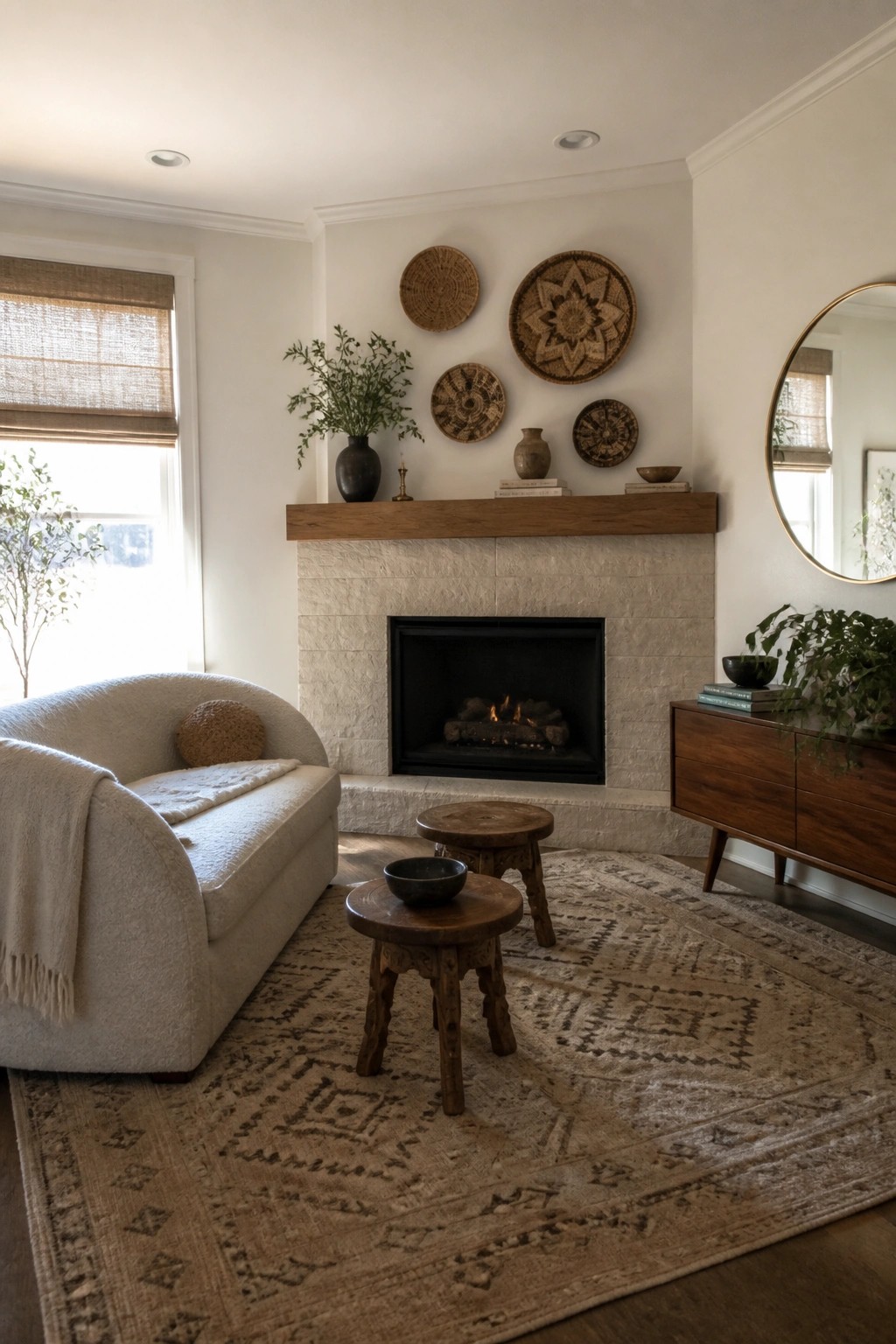 A neutral living room with a stone fireplace, wooden mantel, and several round woven baskets arranged on the wall above it, alongside a cream sofa and patterned rug.