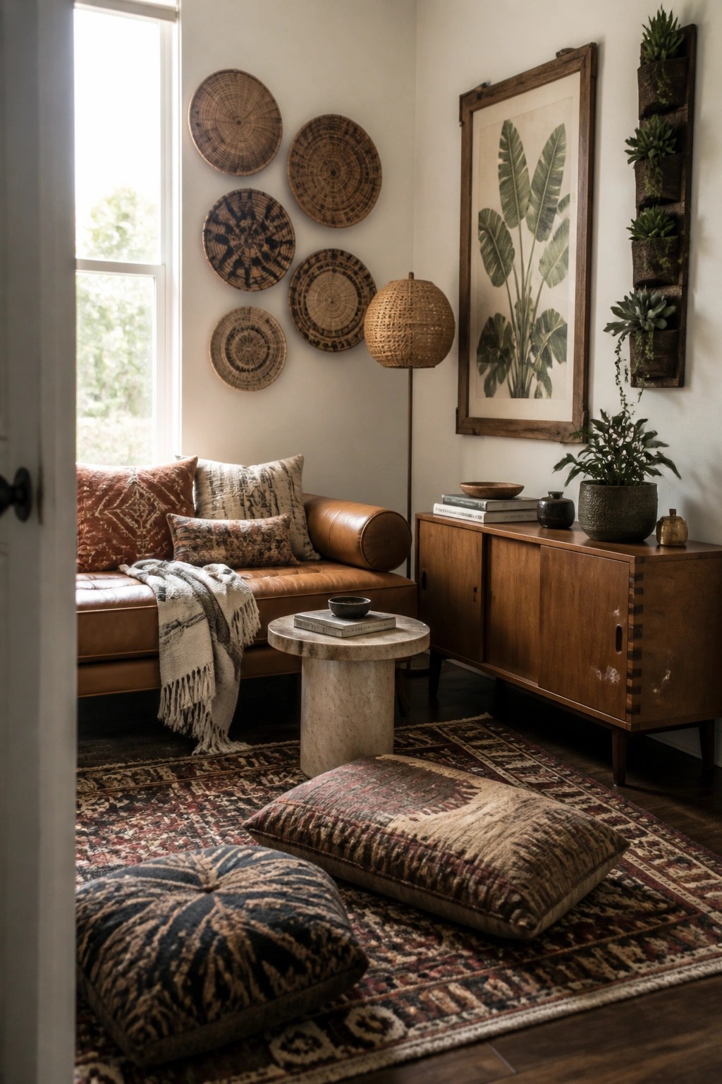 A living room corner shows a cognac leather sofa beneath a grouping of woven wall baskets, with a wooden sideboard, large framed print, and patterned floor cushions on a rug.