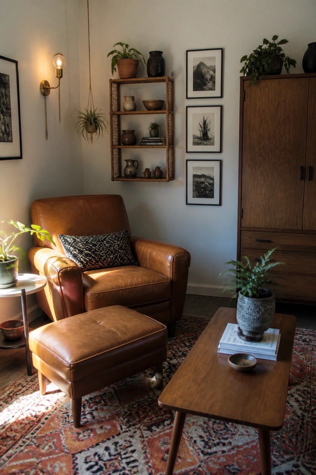 A cognac leather armchair with a patterned pillow sits next to a matching ottoman on a patterned rug, with a wooden coffee table, woven wall shelf, and framed prints visible in the room.