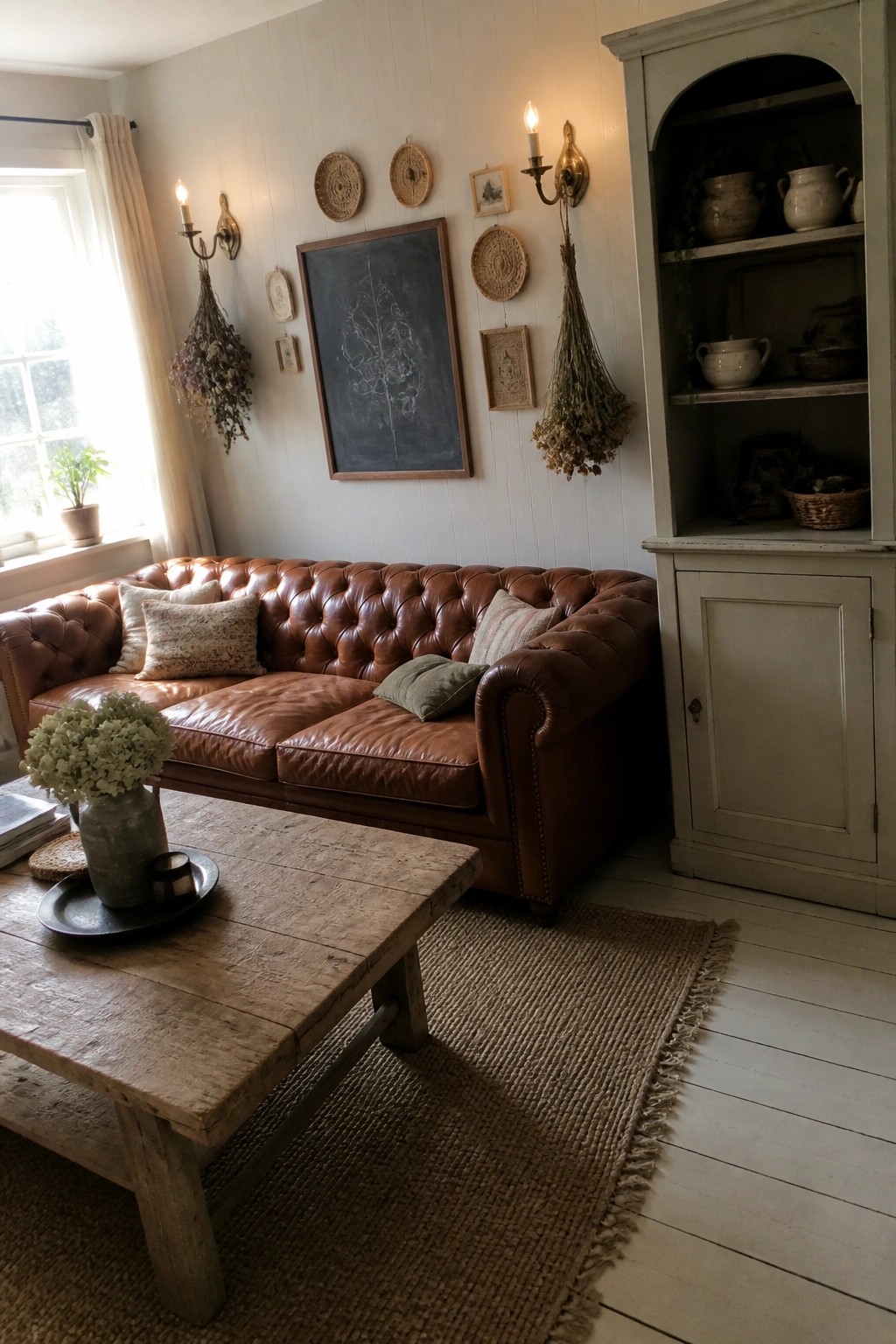 A living room with a brown leather Chesterfield sofa, wooden coffee table, light wood cabinet, and walls decorated with dried flowers, woven baskets, and a chalkboard.
