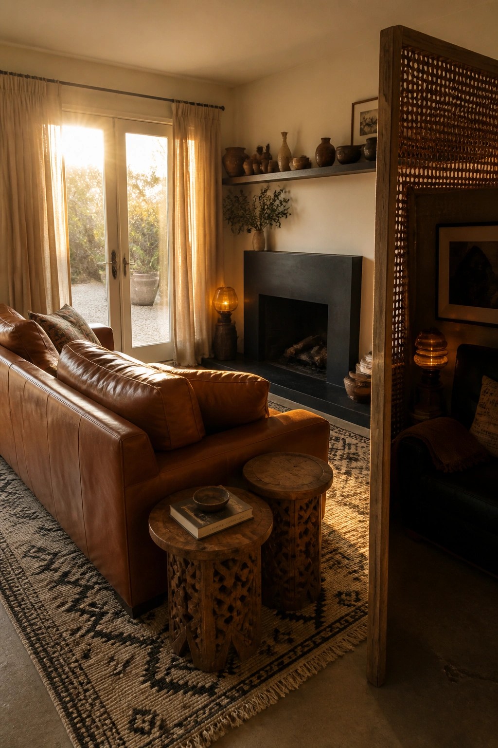 A living room featuring a cognac leather sofa positioned on a large patterned rug with wooden stools in front and a dark fireplace along the back wall.