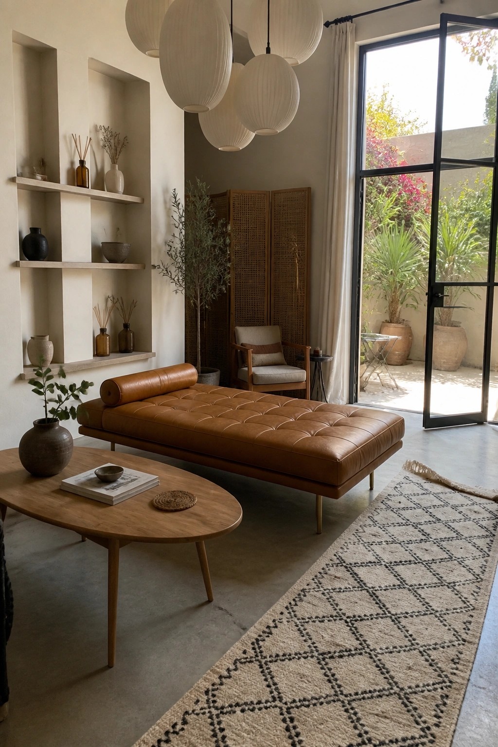 A modern living room with a tufted cognac leather chaise lounge, round wooden coffee table, built-in wall shelves holding vases and dried plants, woven room divider, and large glass doors opening to a patio.