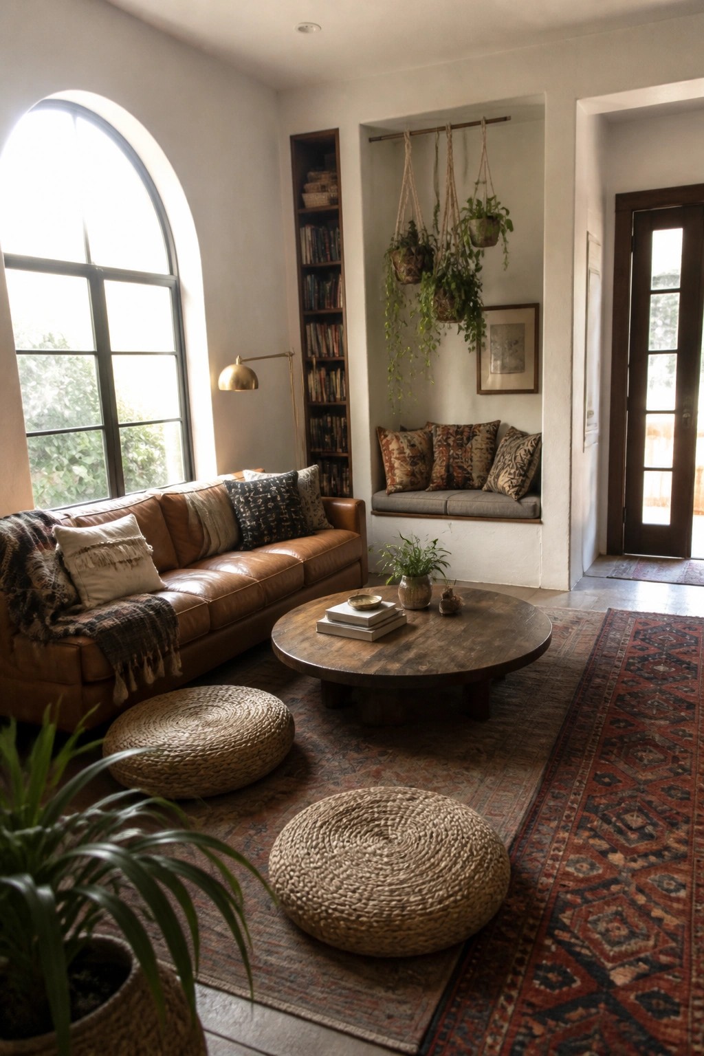 A living room with a cognac leather sofa, round coffee table, woven floor cushions, and a recessed wall niche containing a cushioned bench with pillows and hanging plants.