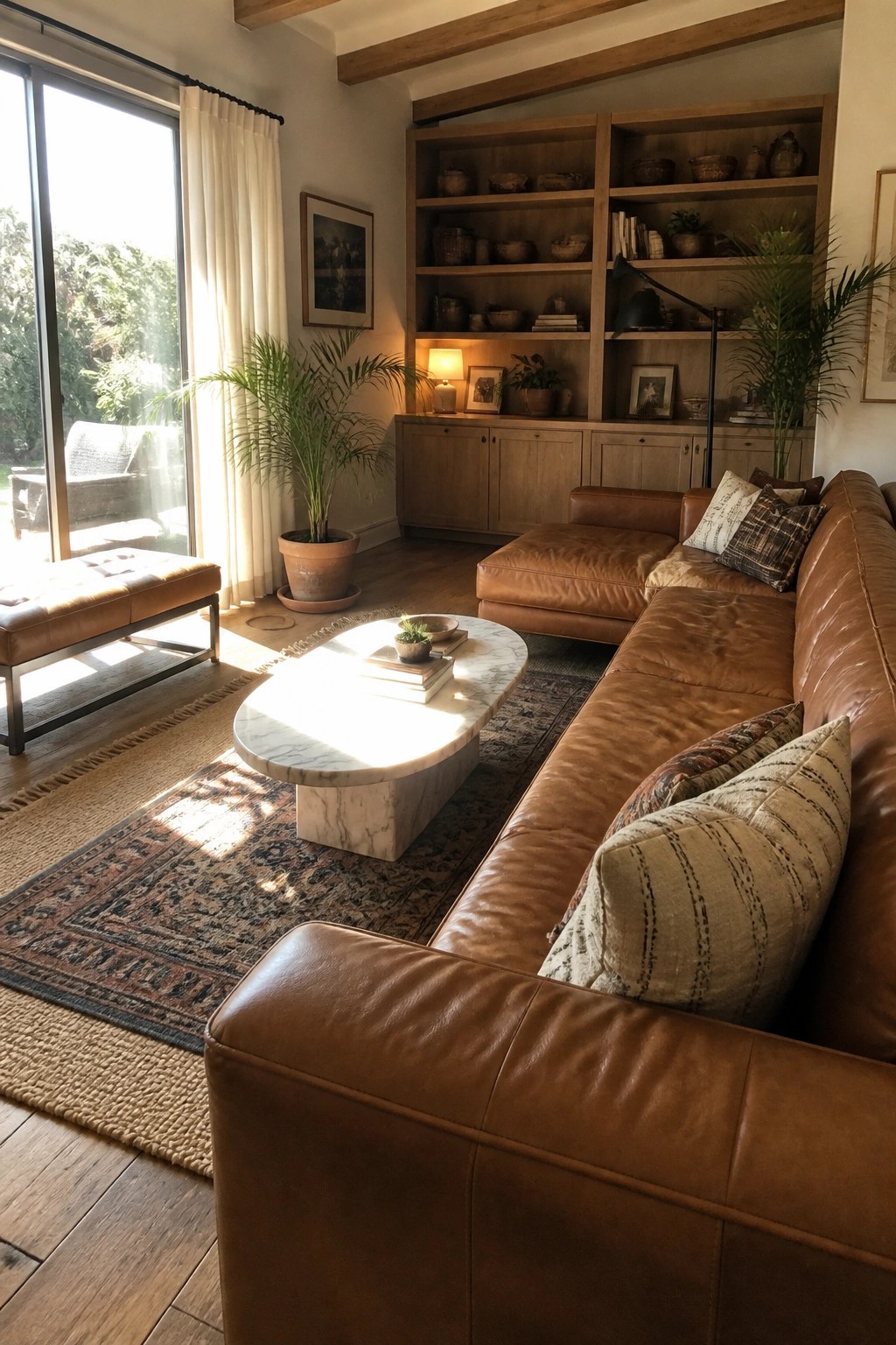 Brown leather sectional sofa beside marble coffee table in sunlit living room with wooden shelves