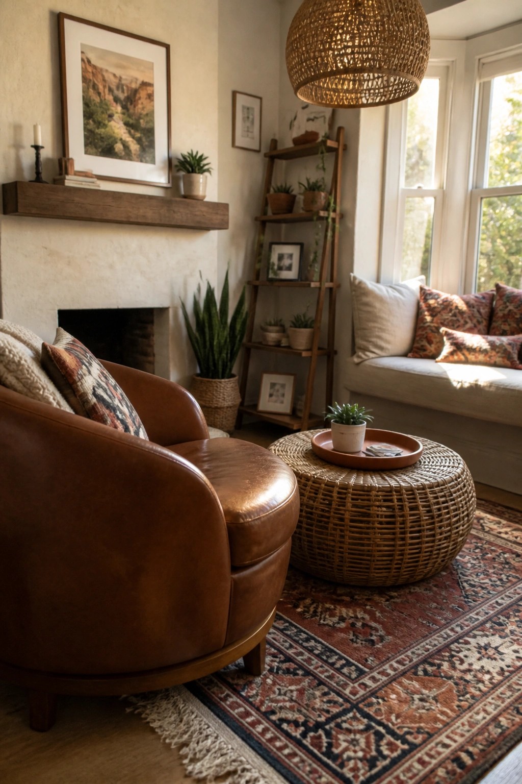 A living room corner with a brown leather armchair, round woven ottoman, patterned rug, ladder shelf, and window seat with pillows.