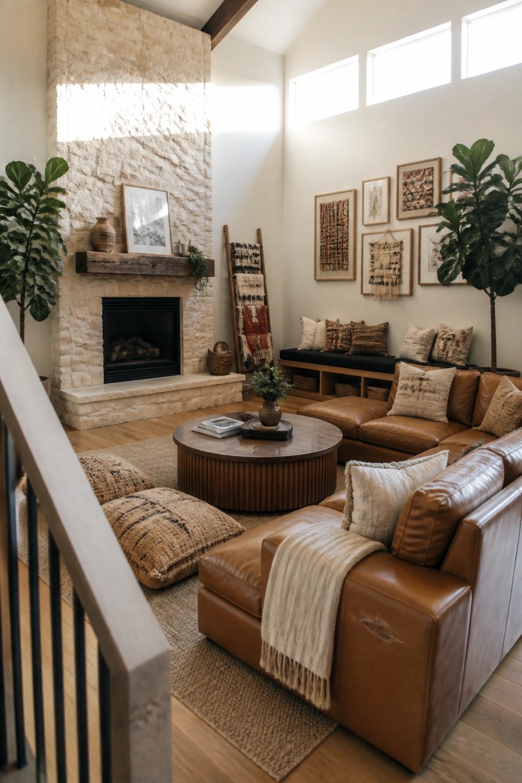 A living room featuring a large brown leather sectional sofa, round wooden coffee table on layered rugs, floor cushions, stone fireplace, and gallery wall with plants.