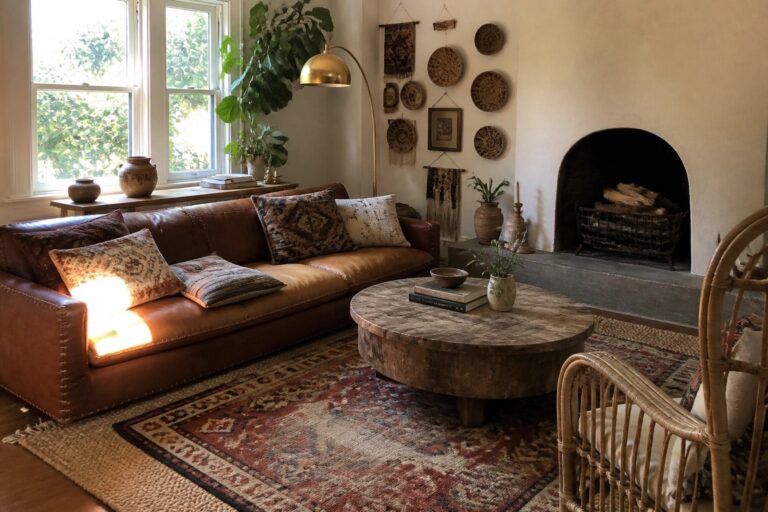 A living room with a brown leather sofa, round wooden coffee table, and large patterned area rug, next to a fireplace and tall potted plant.
