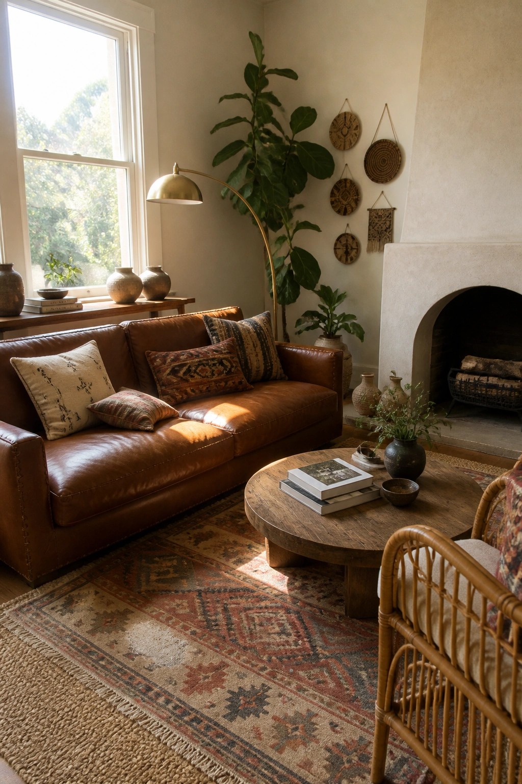 A living room with a brown leather sofa, round wooden coffee table, and large patterned area rug, next to a fireplace and tall potted plant.