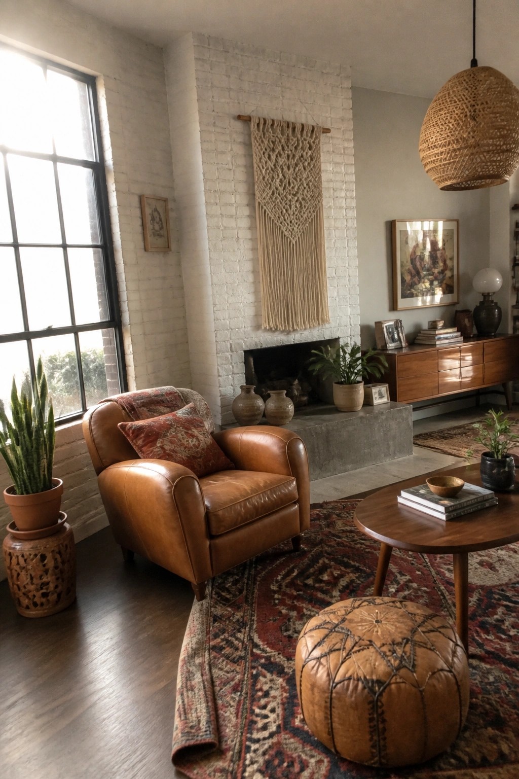Bohemian living room with leather armchair, macrame hanging, and patterned rugs