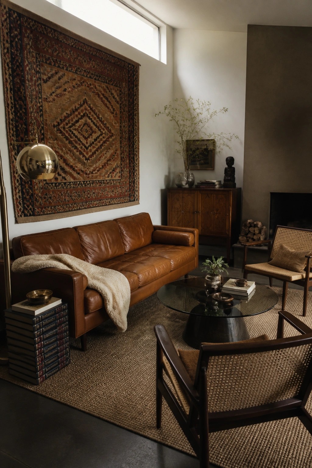 A living room with a brown leather sofa positioned below a large patterned wall tapestry, a round glass coffee table, wooden chairs with woven backs, and a jute rug on the floor.