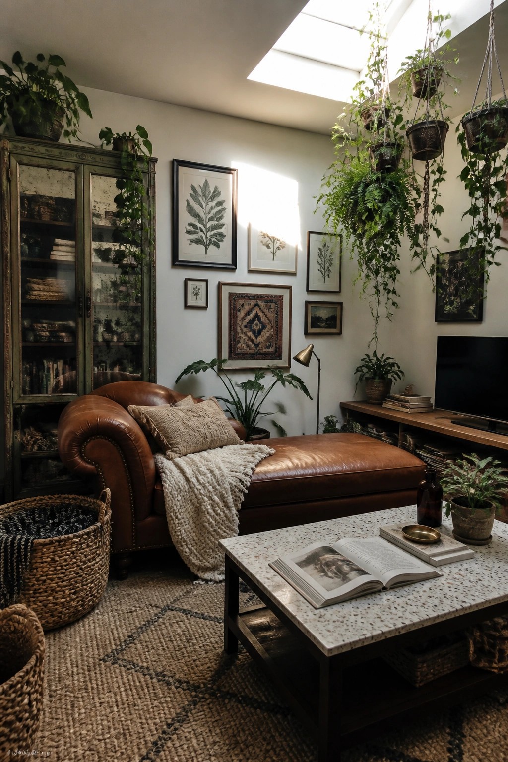 A living room with a brown leather chaise, multiple hanging plants, framed botanical prints on a white wall, a vintage cabinet, and a terrazzo coffee table on a woven rug.