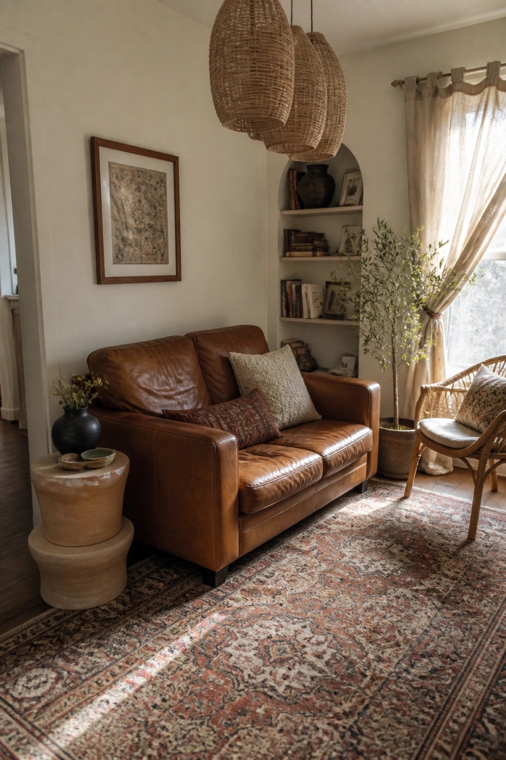 A cognac leather sofa sits under three woven pendant lights on layered patterned rugs in a living room with an arched built-in shelf.