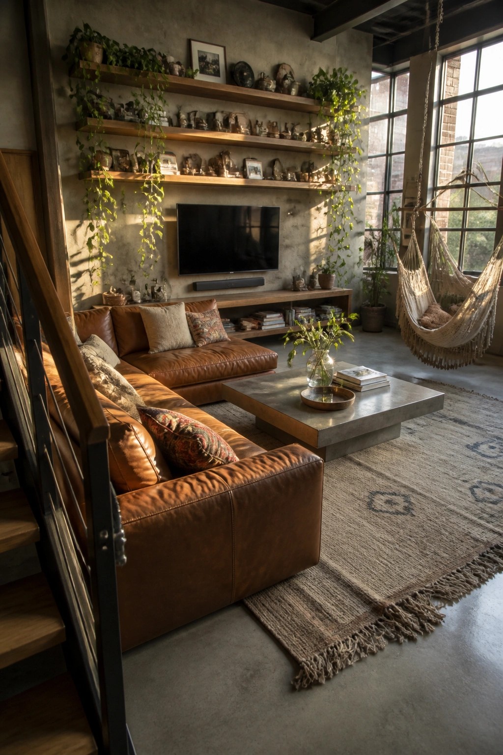 A living room with a cognac leather sectional sofa, wooden floating shelves holding plants and objects above a television, a concrete coffee table on a woven rug, and a hanging hammock chair near large windows.