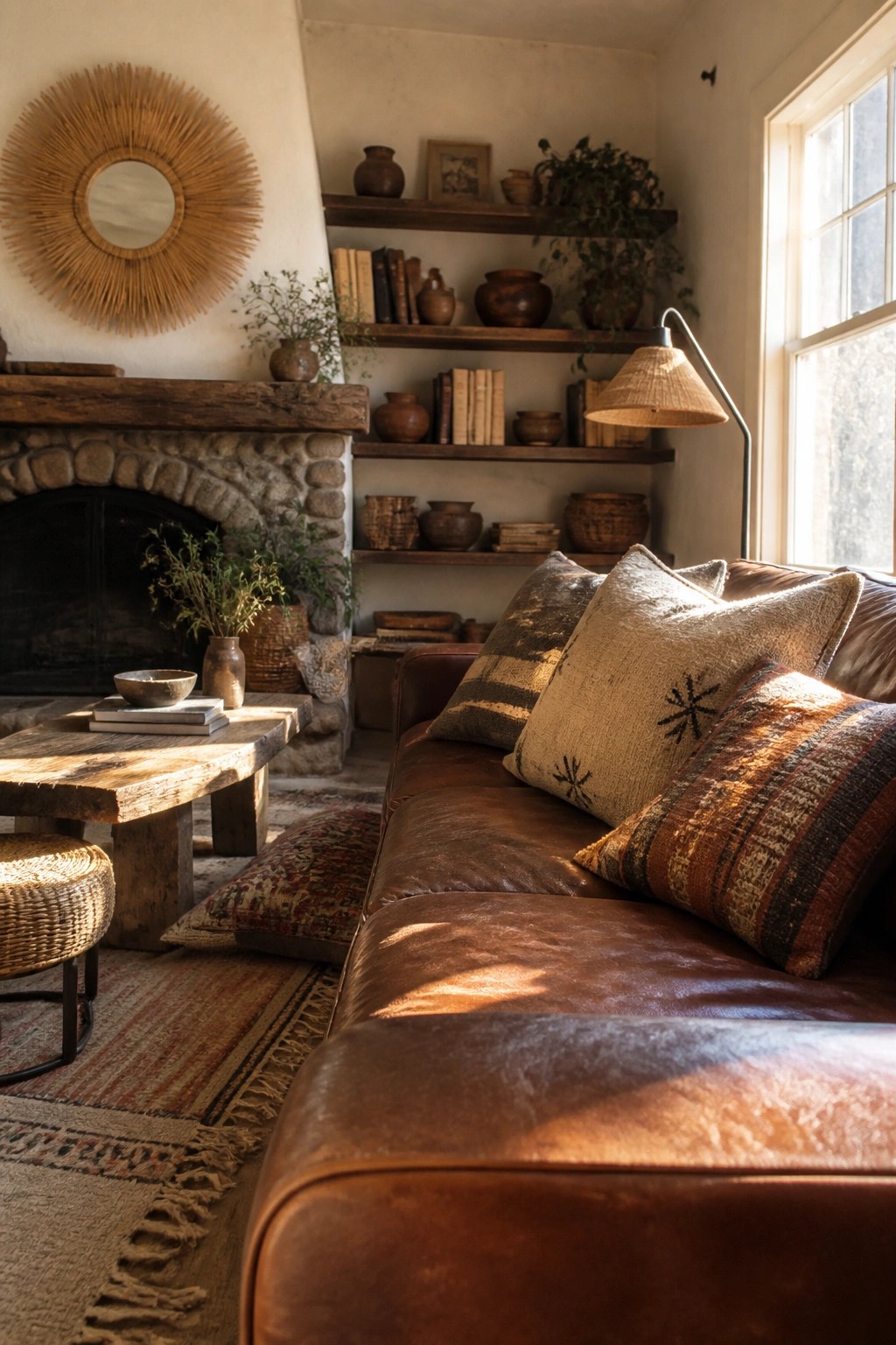 A living room with a brown leather sofa topped with patterned pillows, a wooden coffee table, open shelves holding pottery and books, and a stone fireplace.