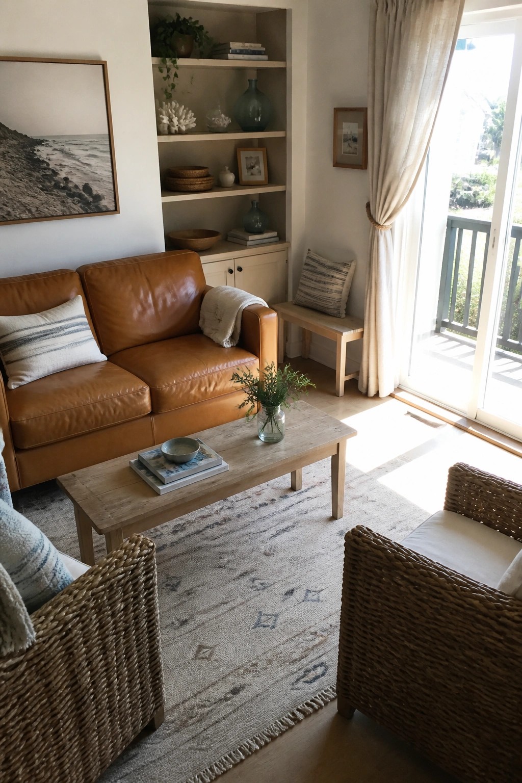A living room with a brown leather sofa, wooden coffee table, two woven armchairs, built-in shelves with decor, and a sliding glass door to a balcony.