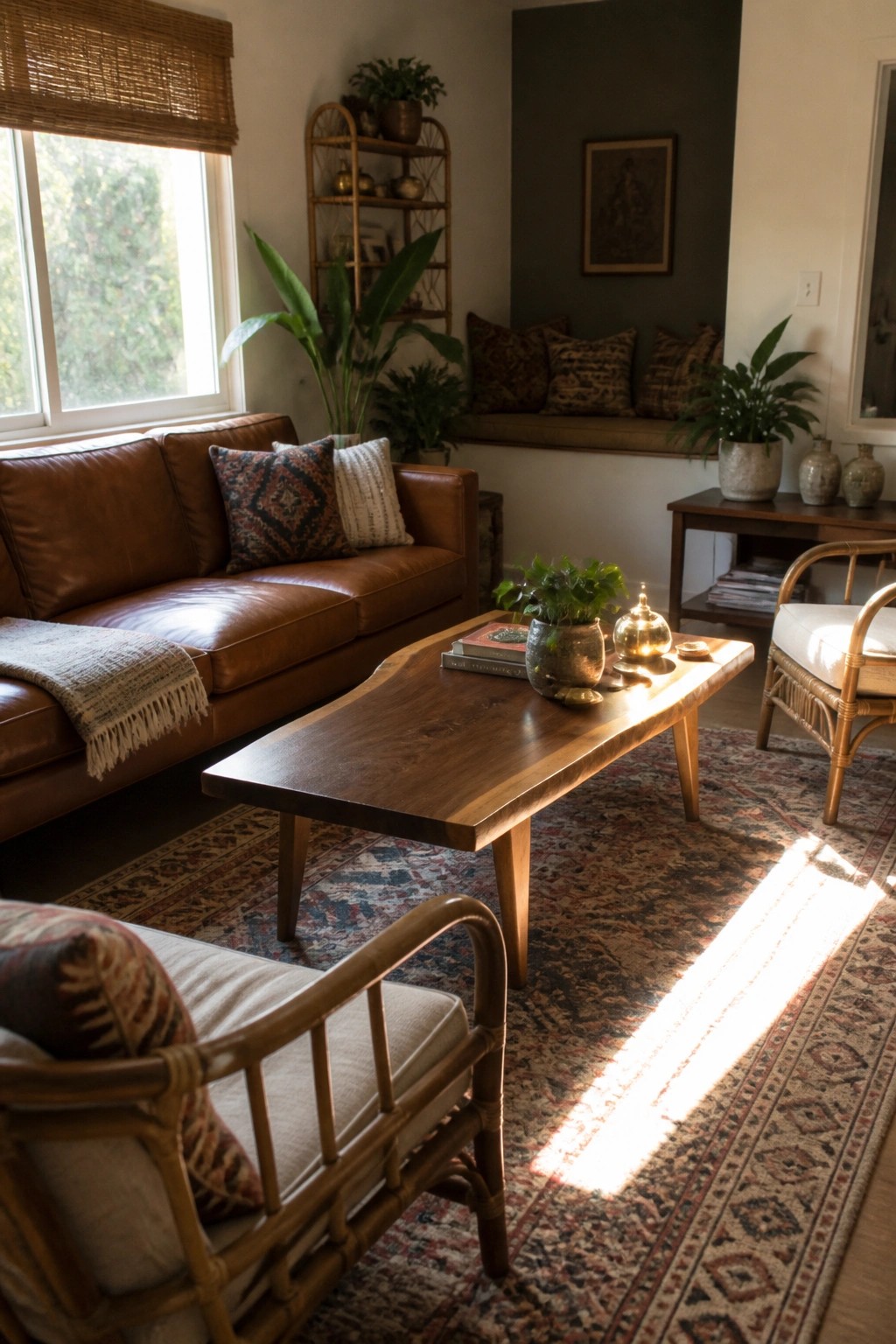 A living room with a brown leather sofa, wooden coffee table, rattan chairs, patterned rug, and several houseplants.