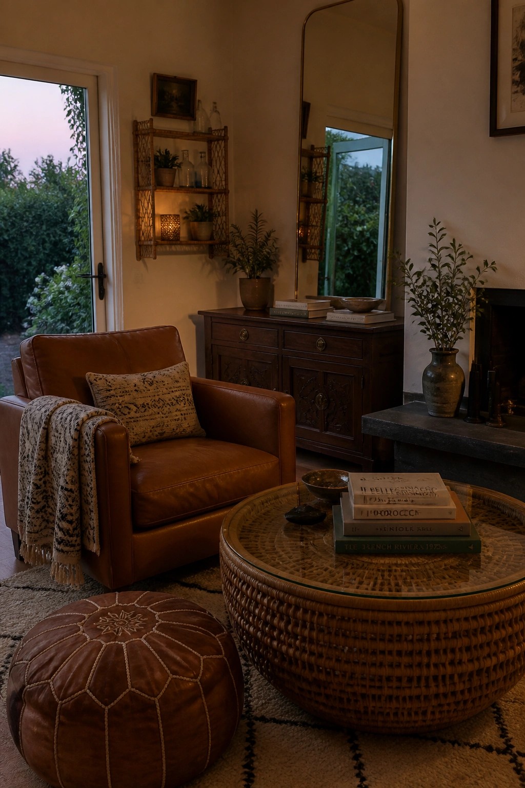 A living room with a brown leather armchair, round woven coffee table, brown leather pouf, wooden cabinet, and large mirror.