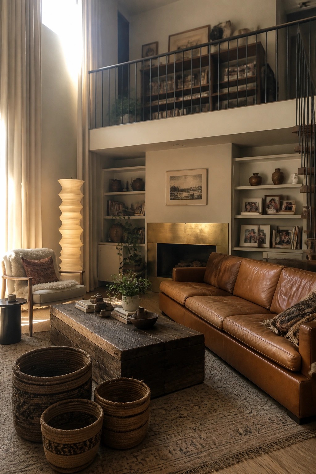 Living room with cognac leather sofa, large wooden coffee table, woven baskets on a patterned rug, and built-in shelves around a fireplace.