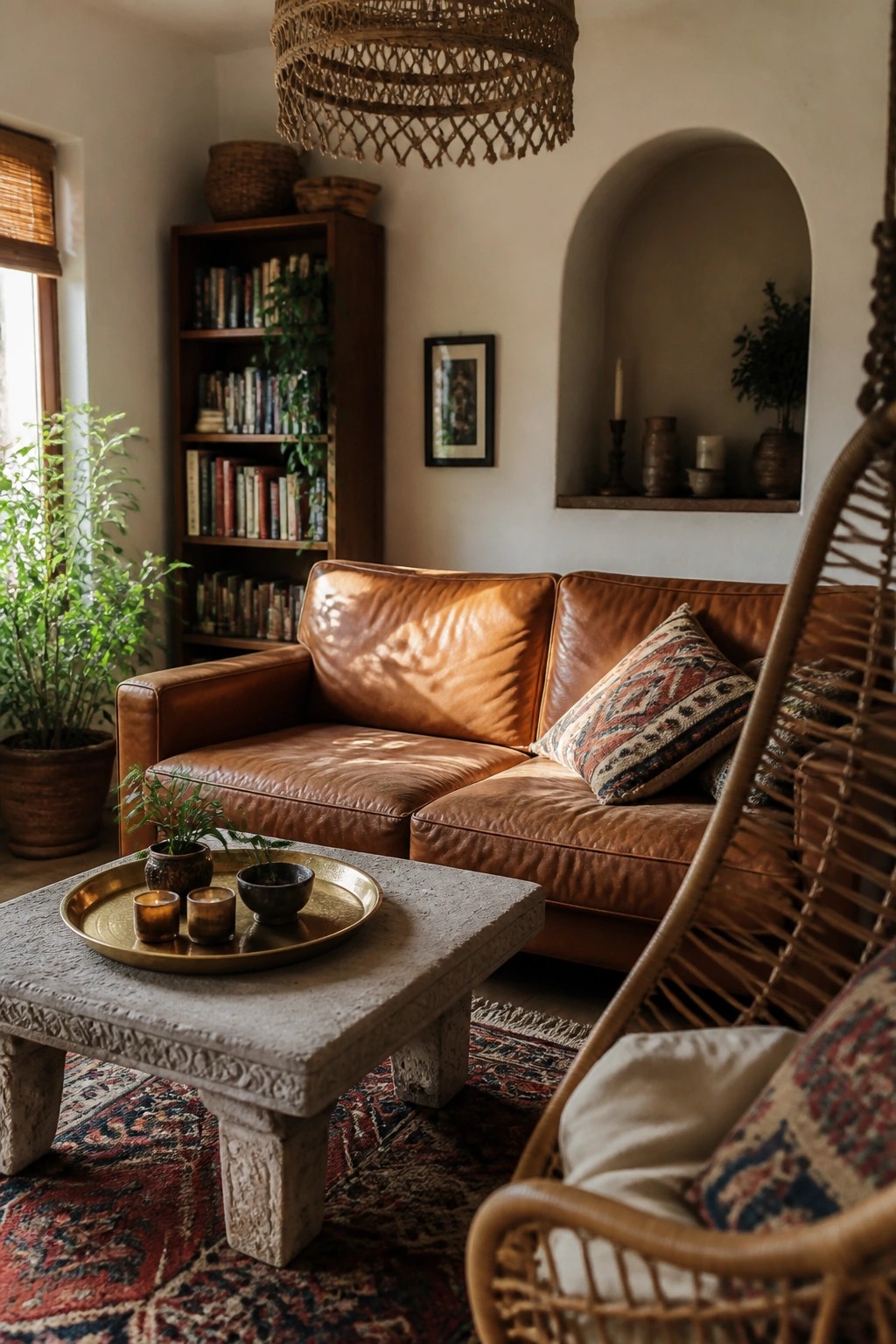 A living room with a cognac leather sofa, a carved stone coffee table holding a brass tray with candles and small plants, a patterned rug, and a woven hanging chair in the foreground.