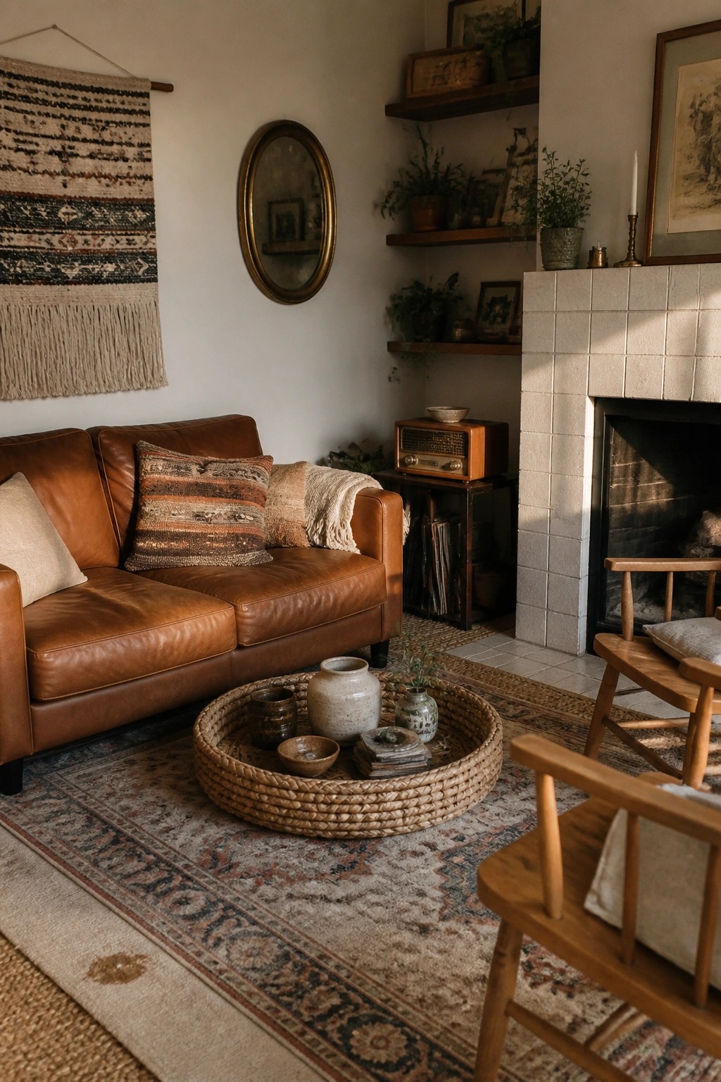 Cozy living room with brown leather sofa, brick fireplace, woven rug, and wooden chairs.