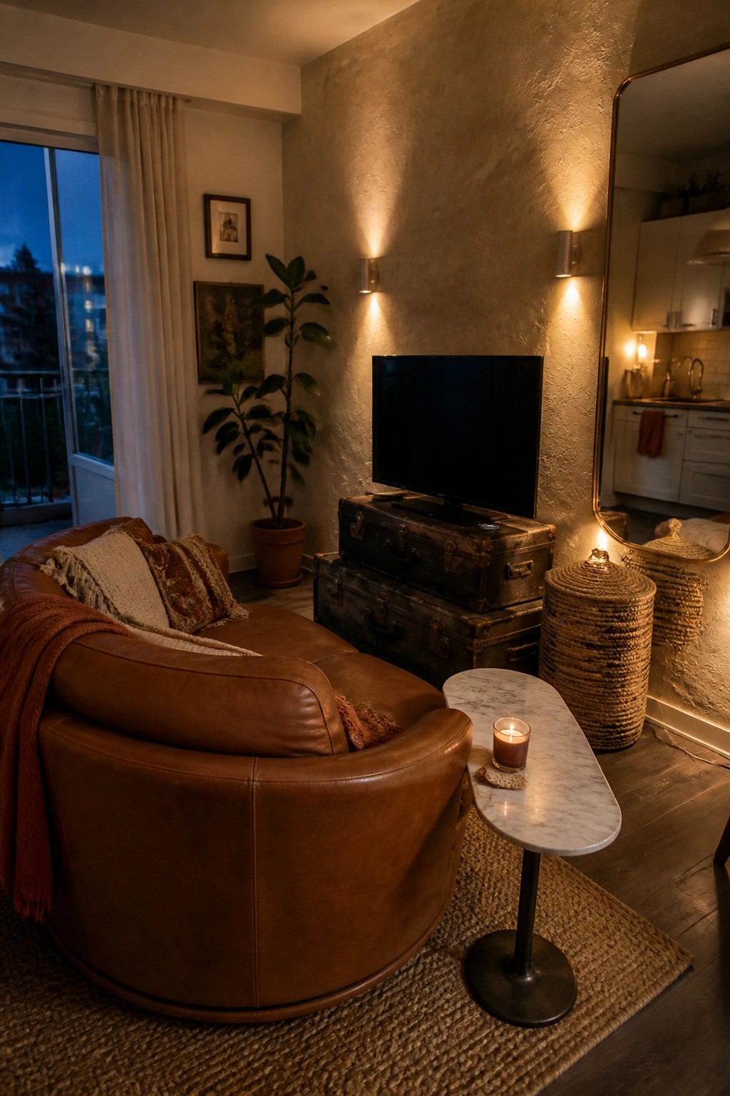 A living room with a brown leather swivel chair on a jute rug, a television resting on two stacked vintage trunks, a marble side table holding a lit candle, and a tall woven basket next to a large mirror.