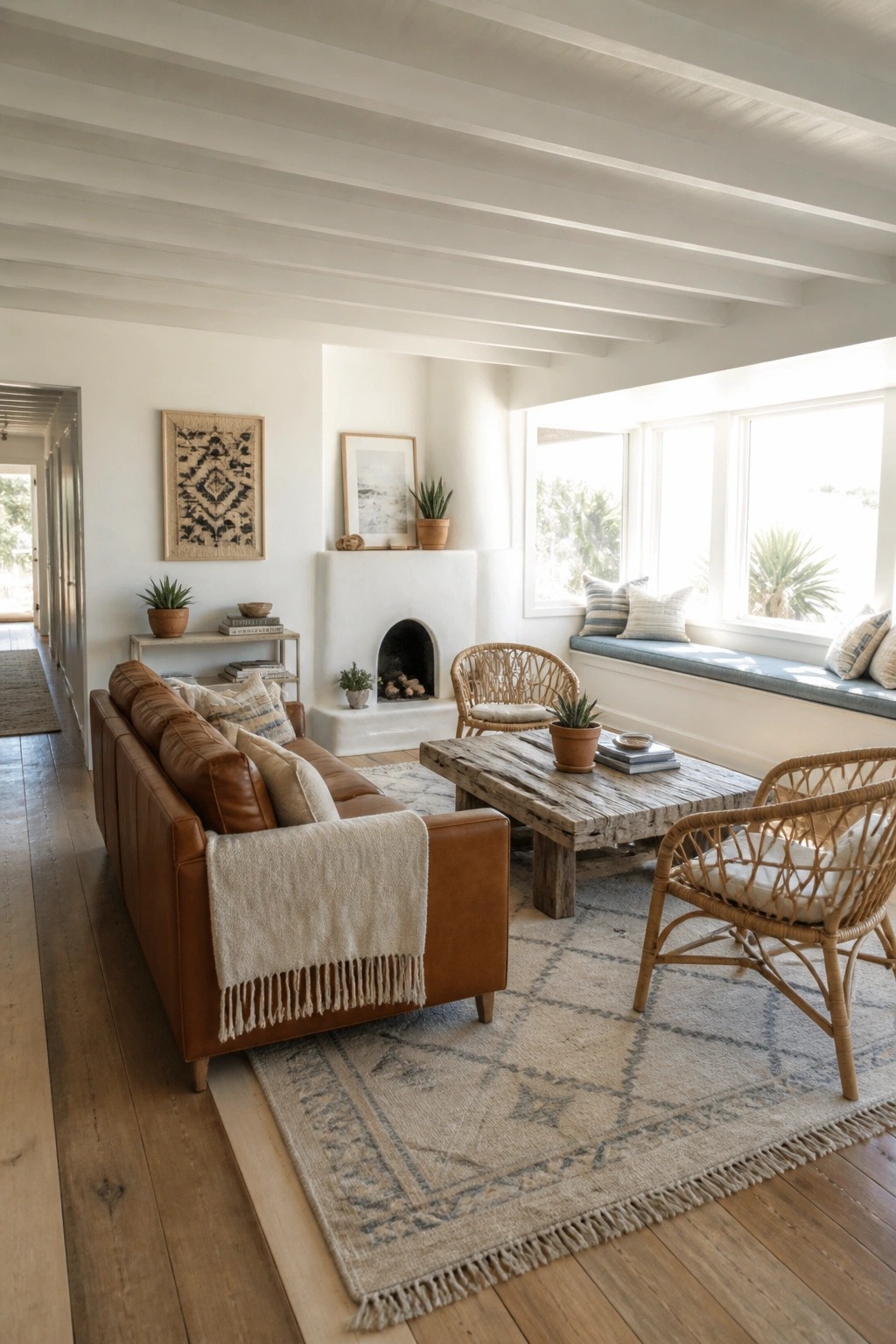 Cozy living room with brown leather sofa, wicker chairs, rustic table, and fireplace